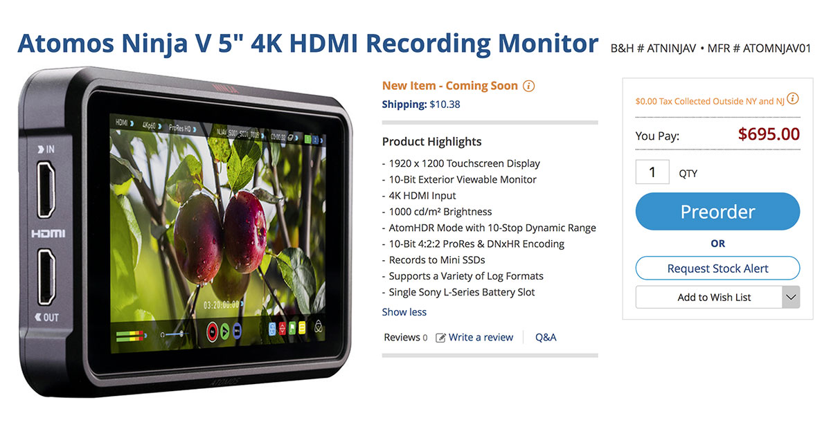 Atomos Announces Ninja V 5" 4K HDMI Pro-Res Raw Recording Monitor