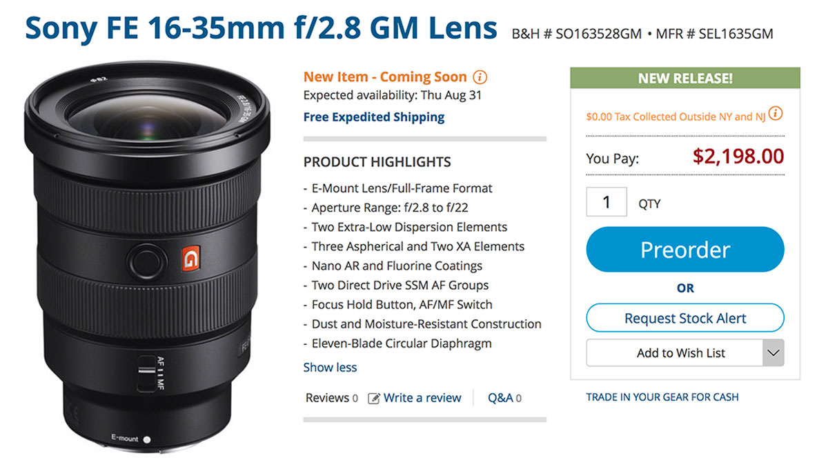 Sony 16-35mm F2.8 GM Lenses