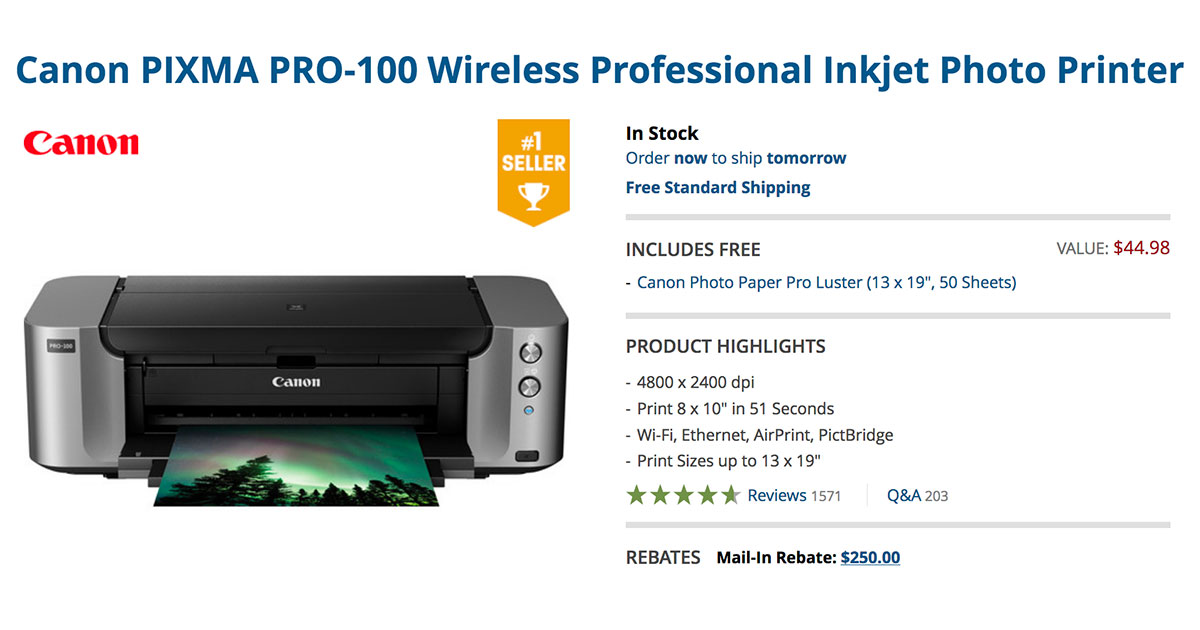 PIXMA PRO-100 Professional Inkjet Photo Printer - $59.95