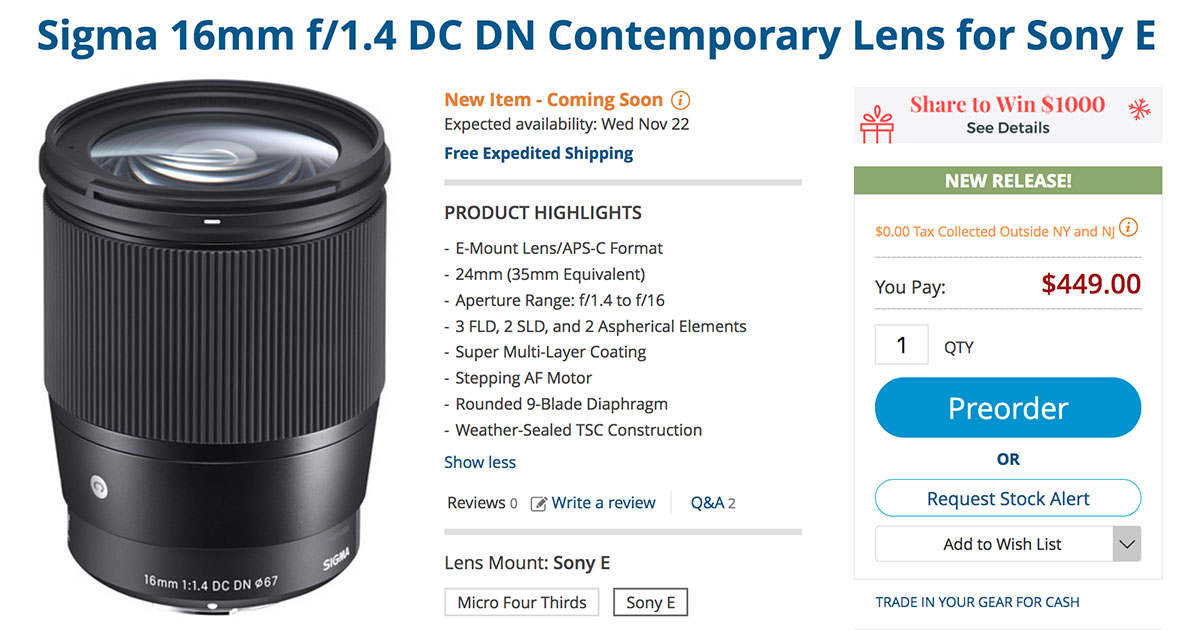Sigma 16mm f/1.4 DC DN Contemporary Prime Lens Sony E-Mount