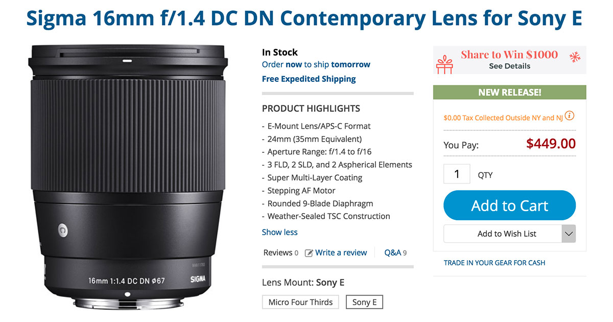 Sigma 16mm f/1.4 DC DN Contemporary E-Mount Lens In-Stock USA