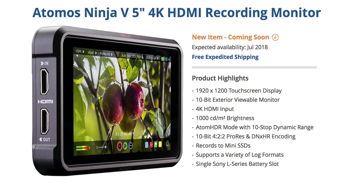 Atomos Ninja V 5-Inch 4K HDMI Pro-Res Raw Recording Monitor