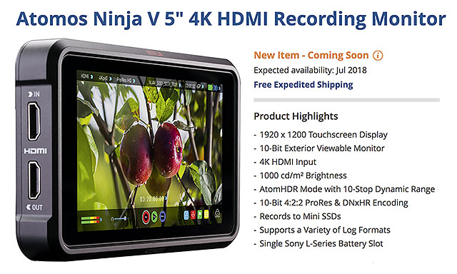 Atomos Ninja V 5-Inch 4K HDMI Raw Recording Monitor