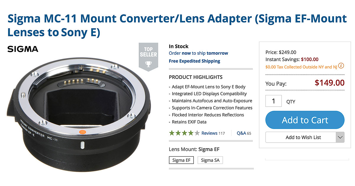 Save $100 on Sigma MC-11 Lens Adapter