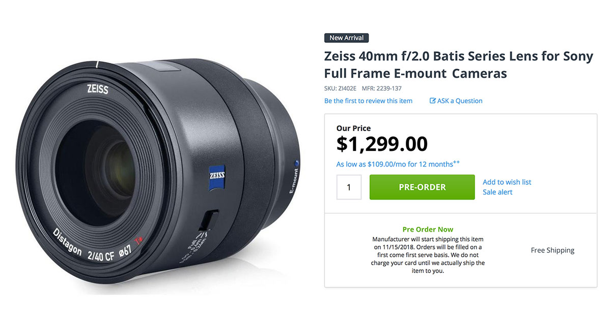Zeiss Batis FE 40mm F2 CF Lens Available for Pre-Order