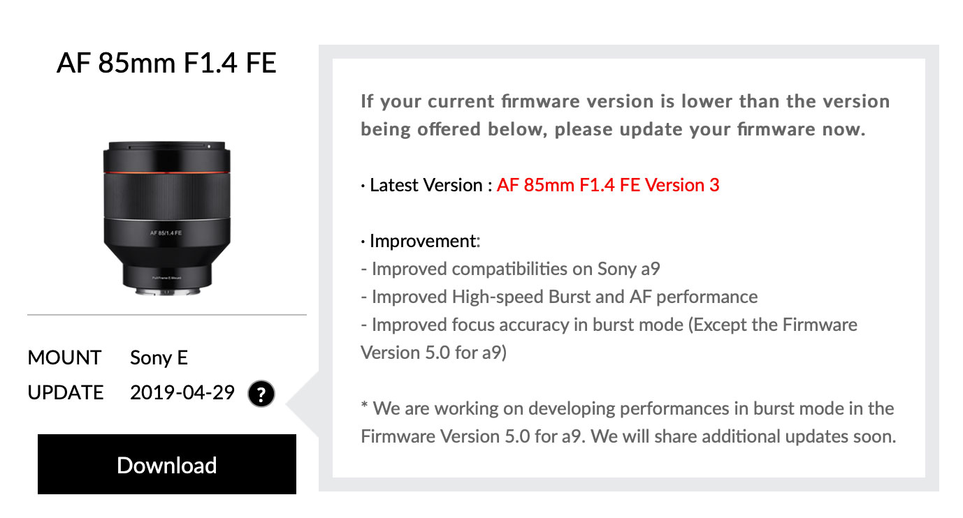 Samyang Firmware Update 3 for AF 85mm F1.4 FE Lens