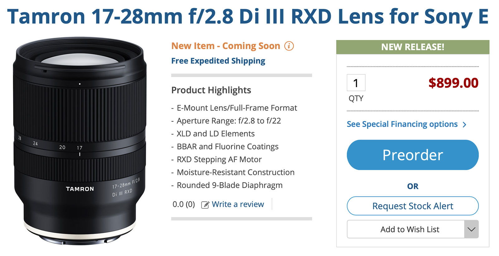 Tamron 17-28mm f/2.8 Di III RXD FE Lens Available for $899