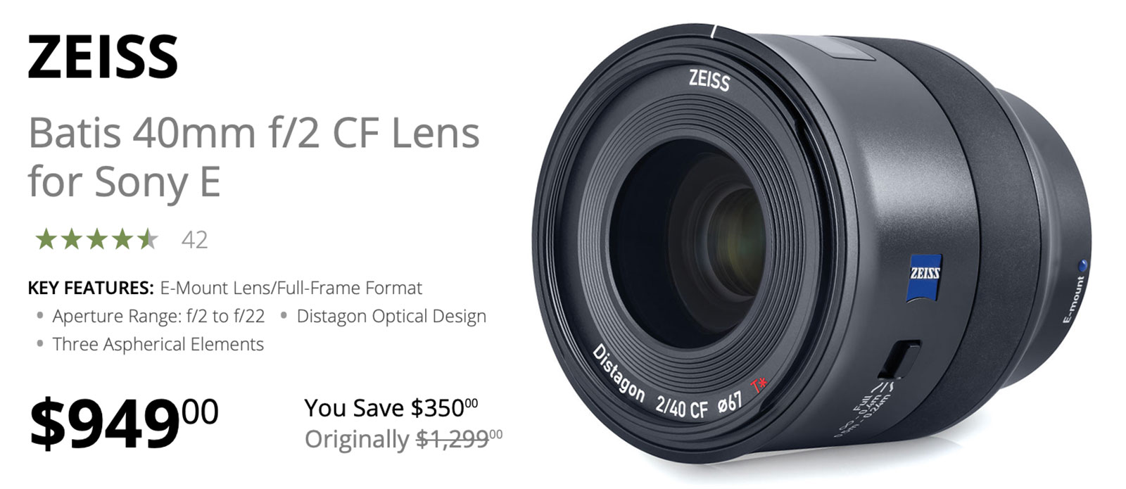 Zwitsers Betrouwbaar Lief Save $350 Today on Zeiss Batis 40mm f/2 CF FE Lens