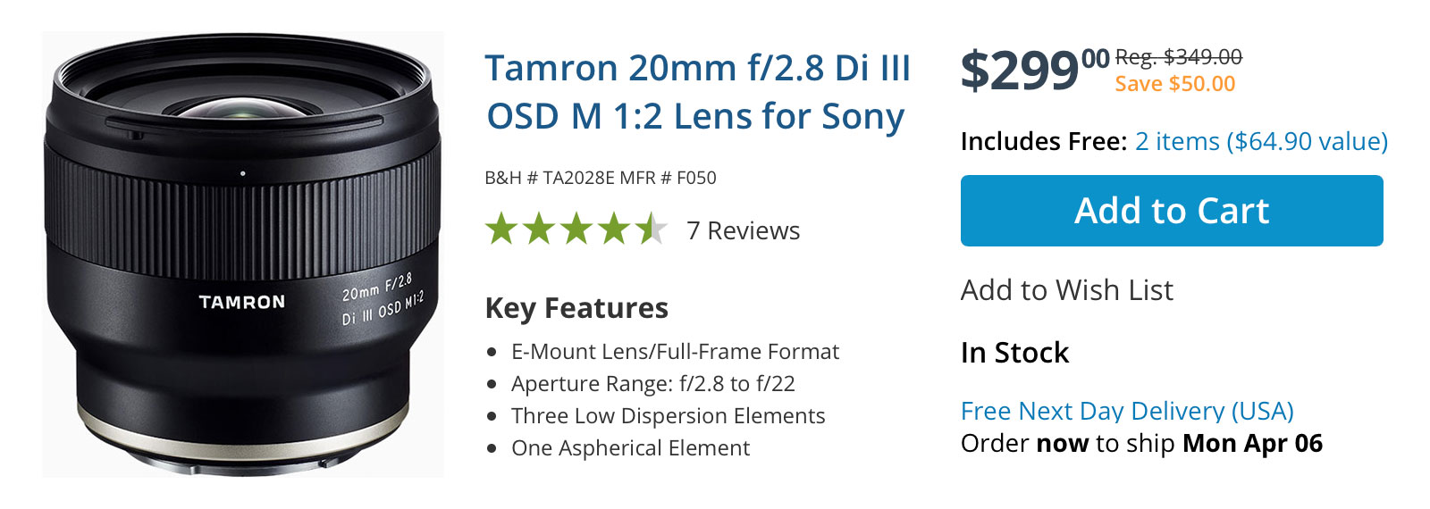 Save $50 on Tamron FE 20mm Prime Lens