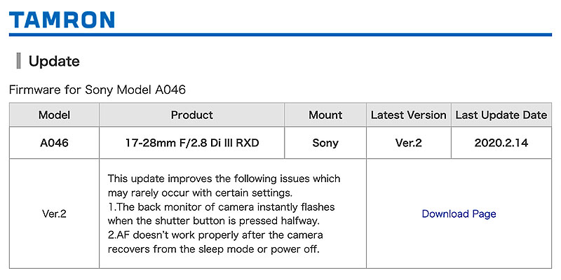 Tamron 17-28mm F/2.8 Di III RXD Lens Firmware Update v2