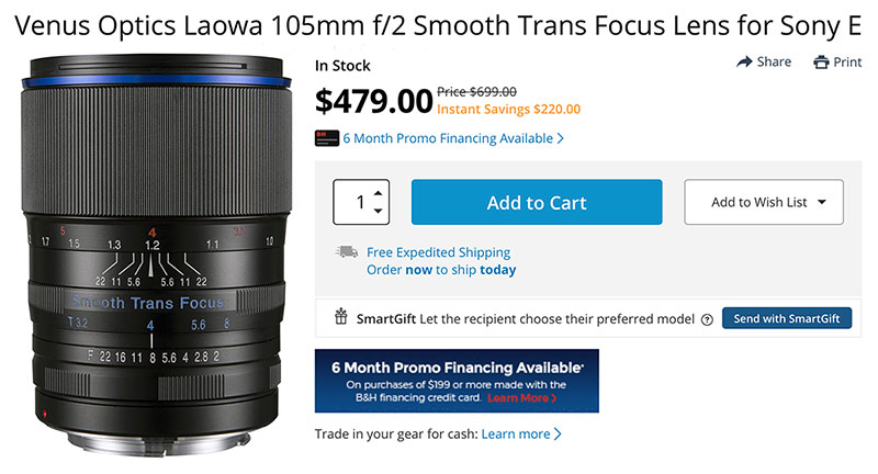 Save $220 on Venus Optics Laowa 105mm f/2 Smooth Trans Focus E-Mount Lens