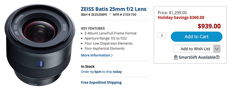 $360 OFF Zeiss Batis 25mm f/2