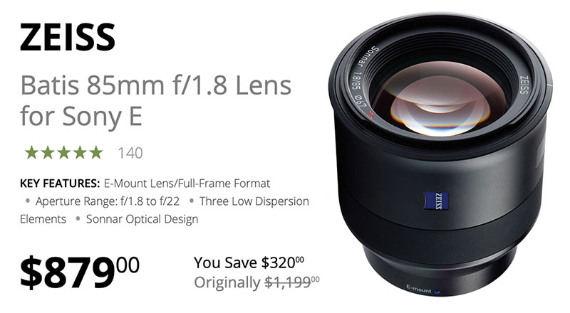 Save $320 Today on Zeiss Batis 85mm f/1.8 FE Lens